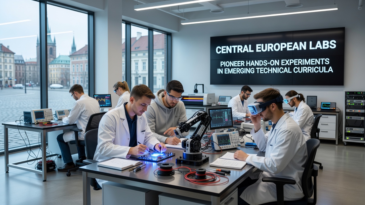 Students performing experiments with technical equipment in a Central European university lab setting